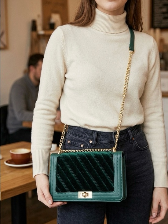 Fhascion Handbags - Forest Green Quilted Velvet Crossbody with Gold Chain